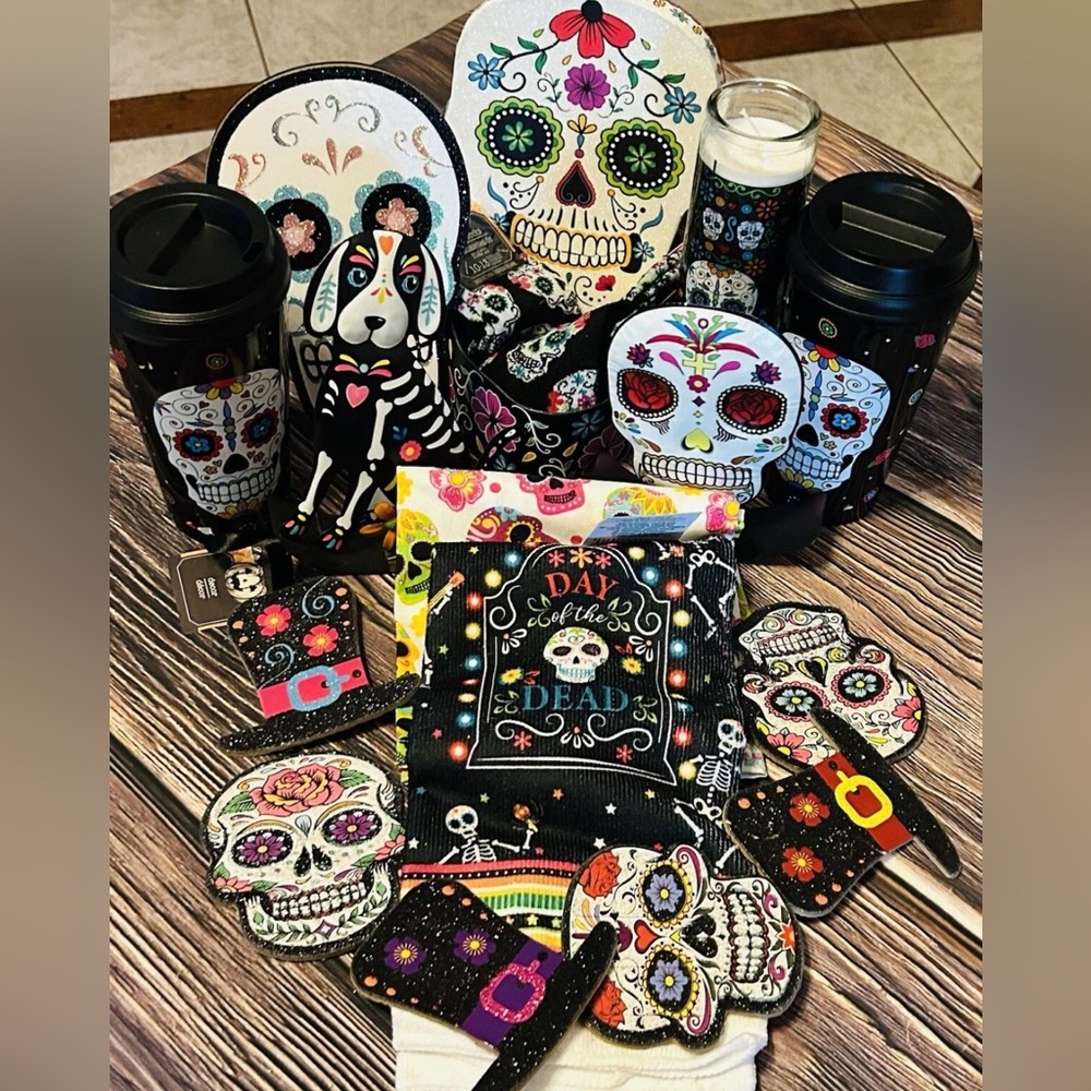 New 14pc Halloween Day of the Dead Bundle Dia De Muertos Cups Candle Towel Socks